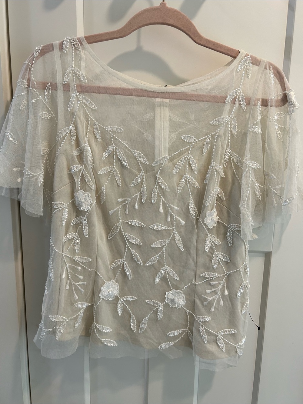 Adrianna Papell Ivory Beaded Floral Mesh Blouse